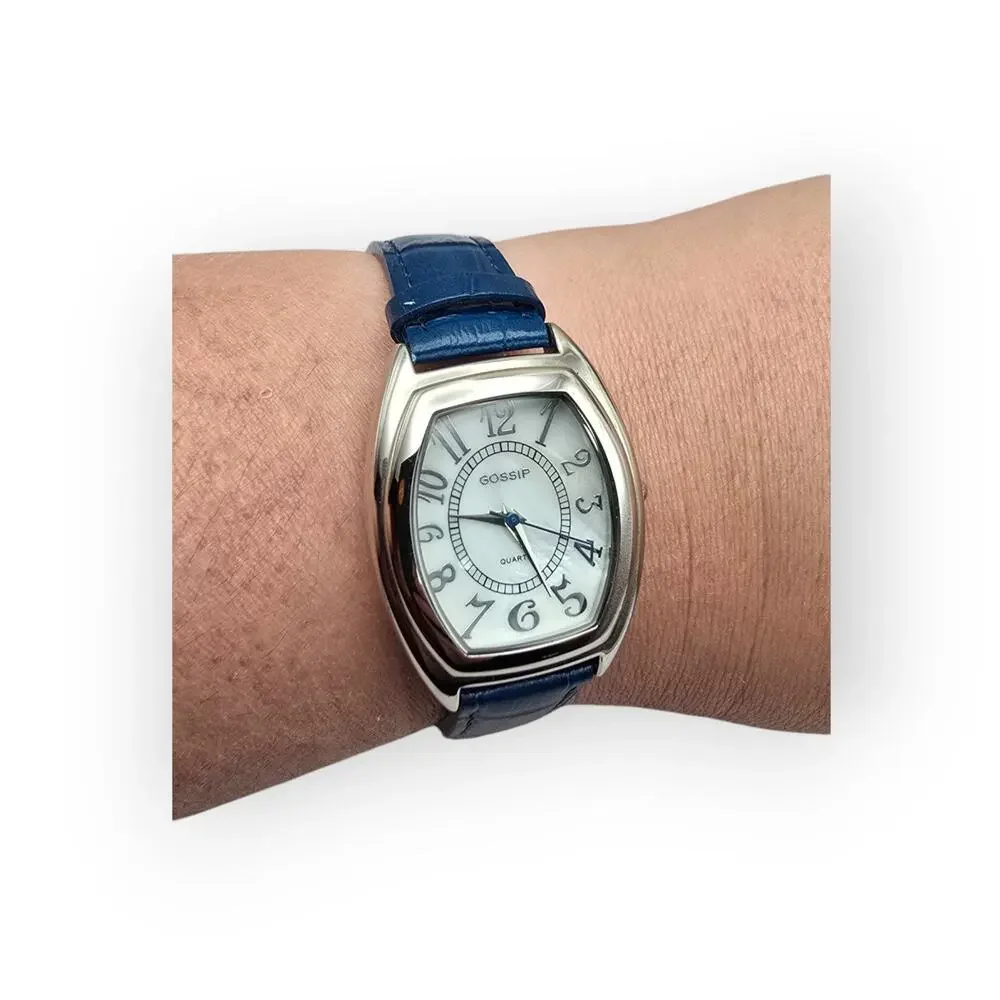 Gossip Blue Strap Silver Tone Tonneau Watch Vintage Inspired Everyday Chic